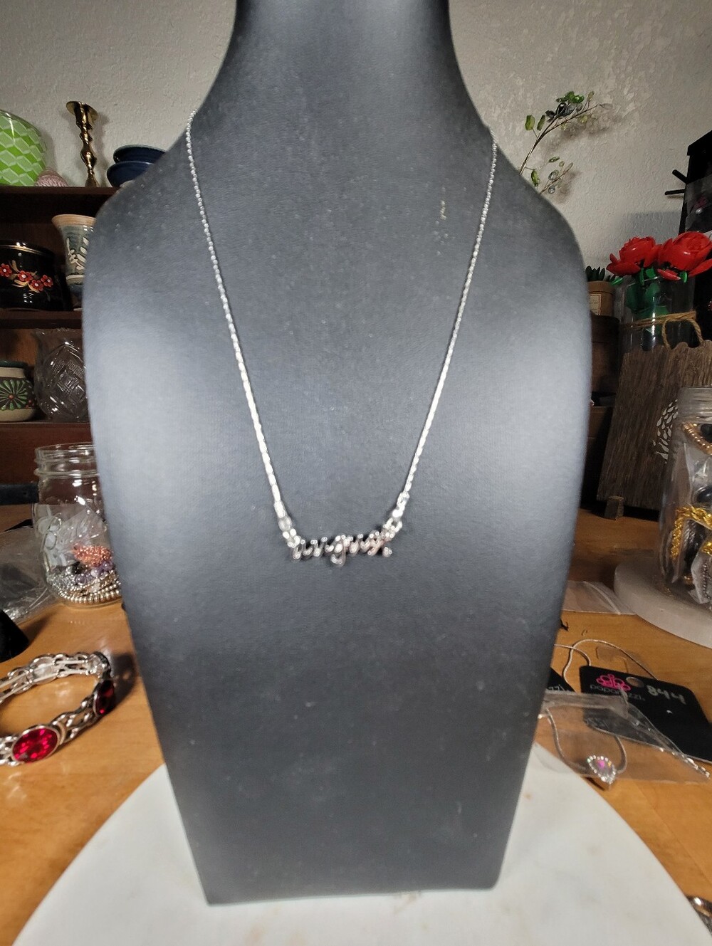 paparazzi Silver Script "August" Necklace